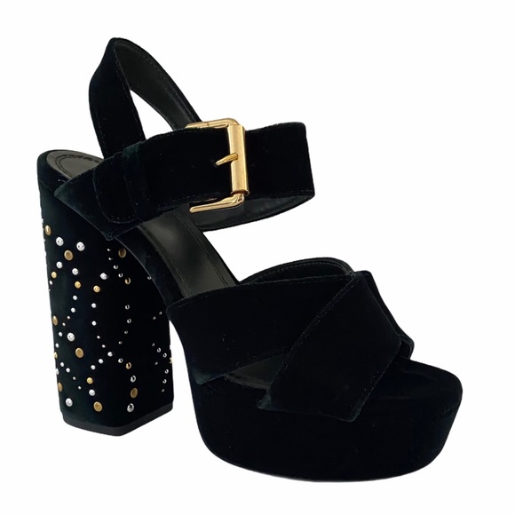 MAJE Studded Dark Green Velvet Platform Sandals - Picture 3 of 16